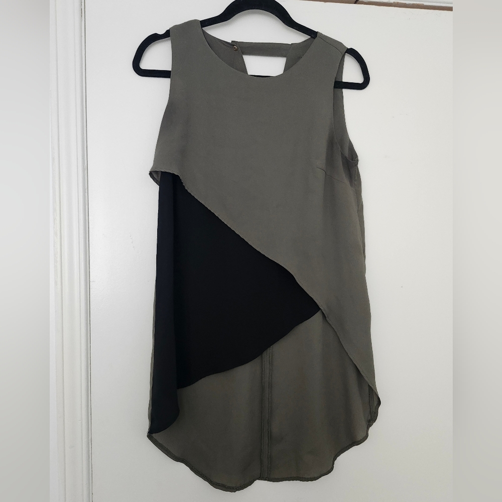 Suzy Shier Asymmetrical Olive and Black Sleeveless Top